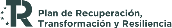 Logo del “Plan de Recuperación, Transformación y Resiliencia” con una “R” estilizada y un arco de seis estrellas.